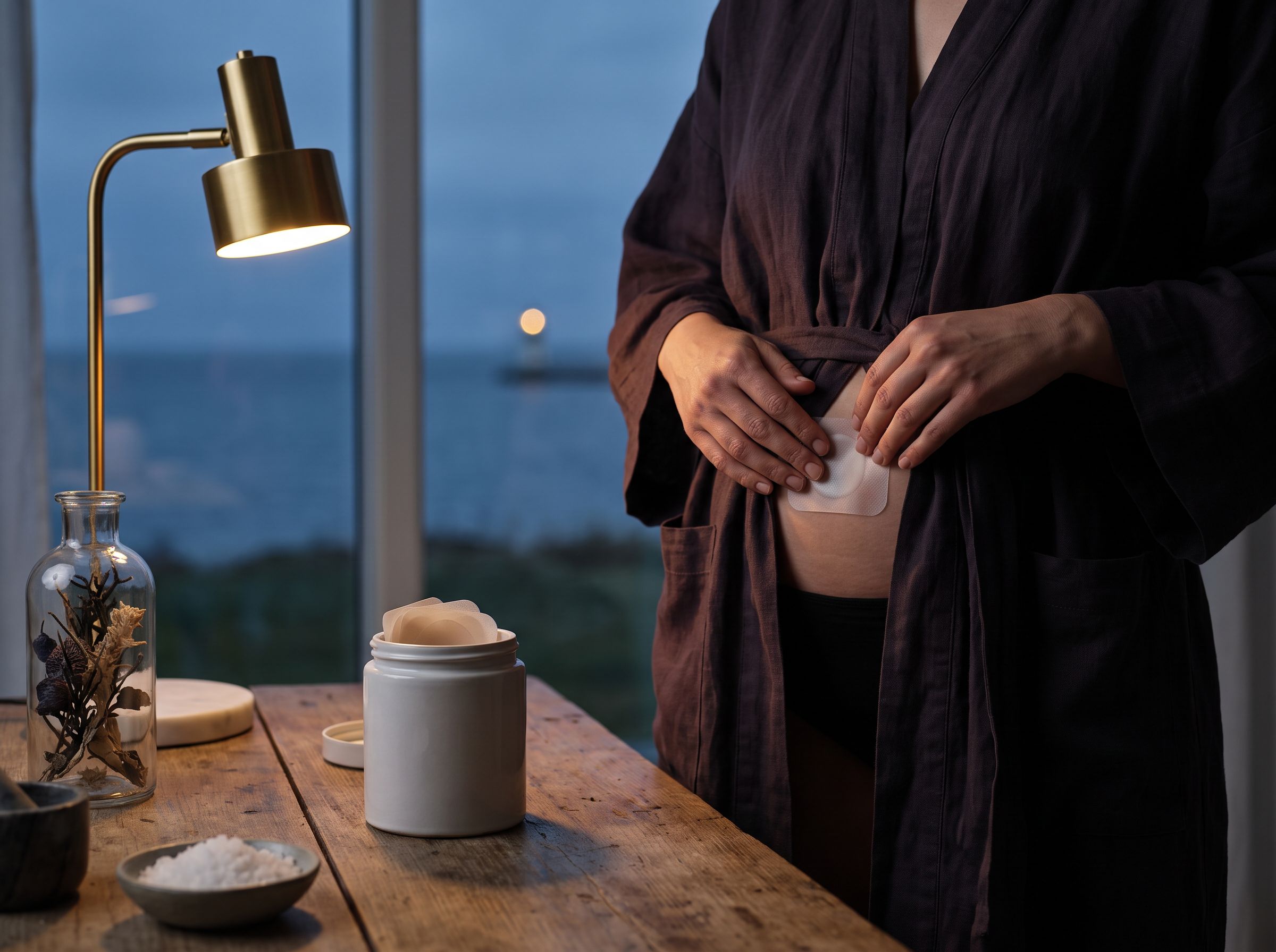 Soirée au bord de la mer : un patch qu’on prépare sur le plan de travail, une personne qui se prépare pour la nuit